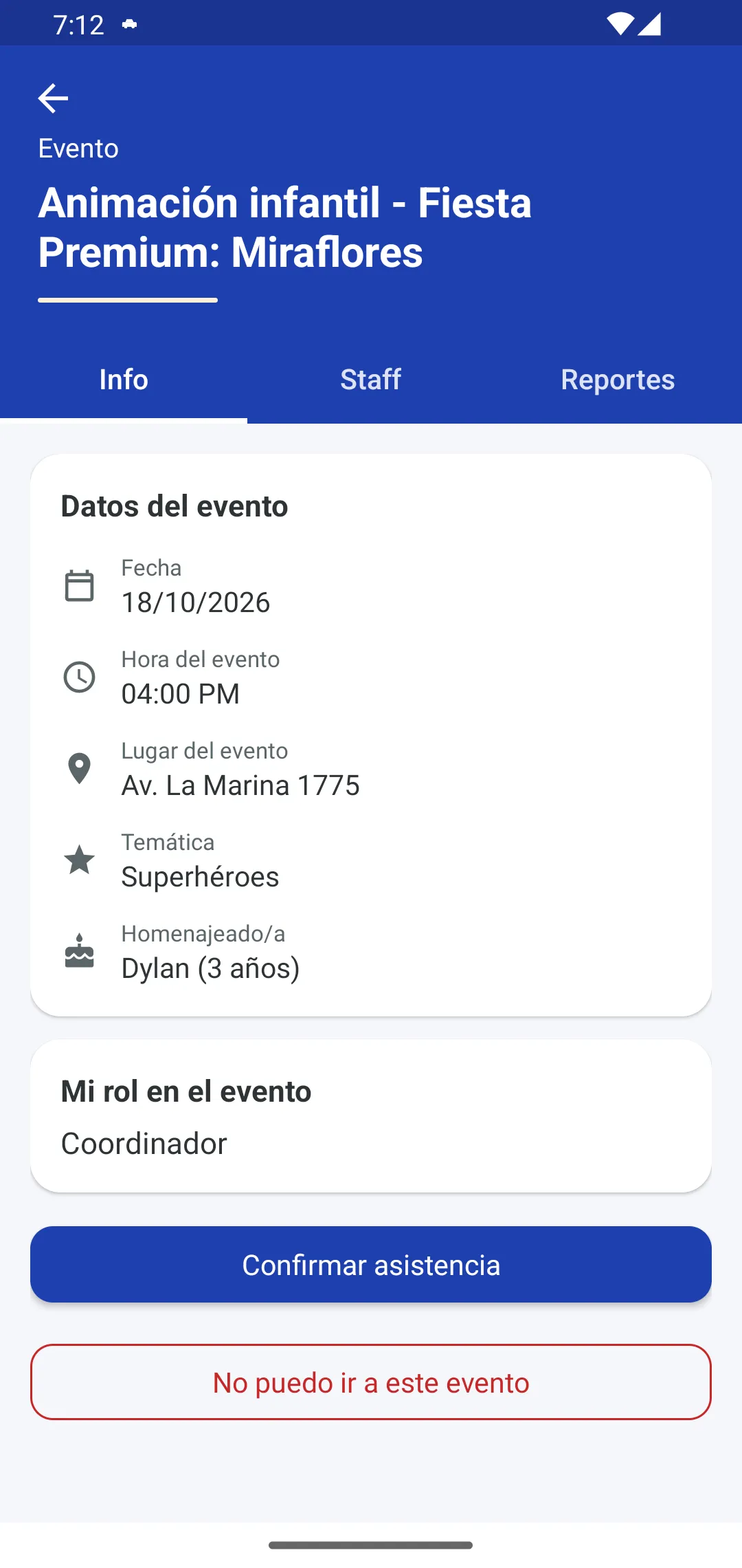 Detalle de un evento en la app del personal
