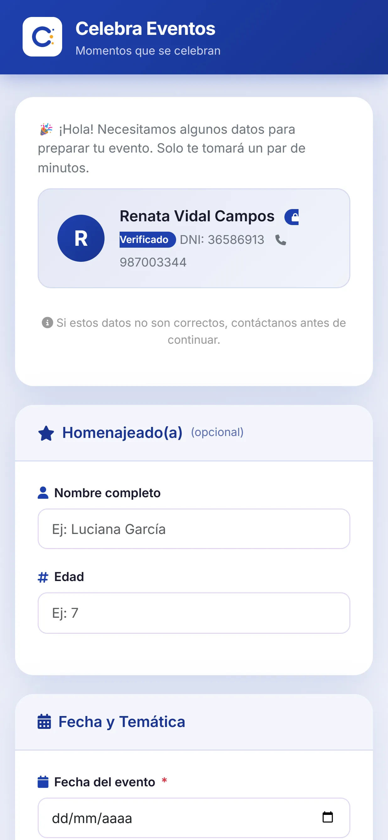 Formulario de reserva con la paleta Cobalto