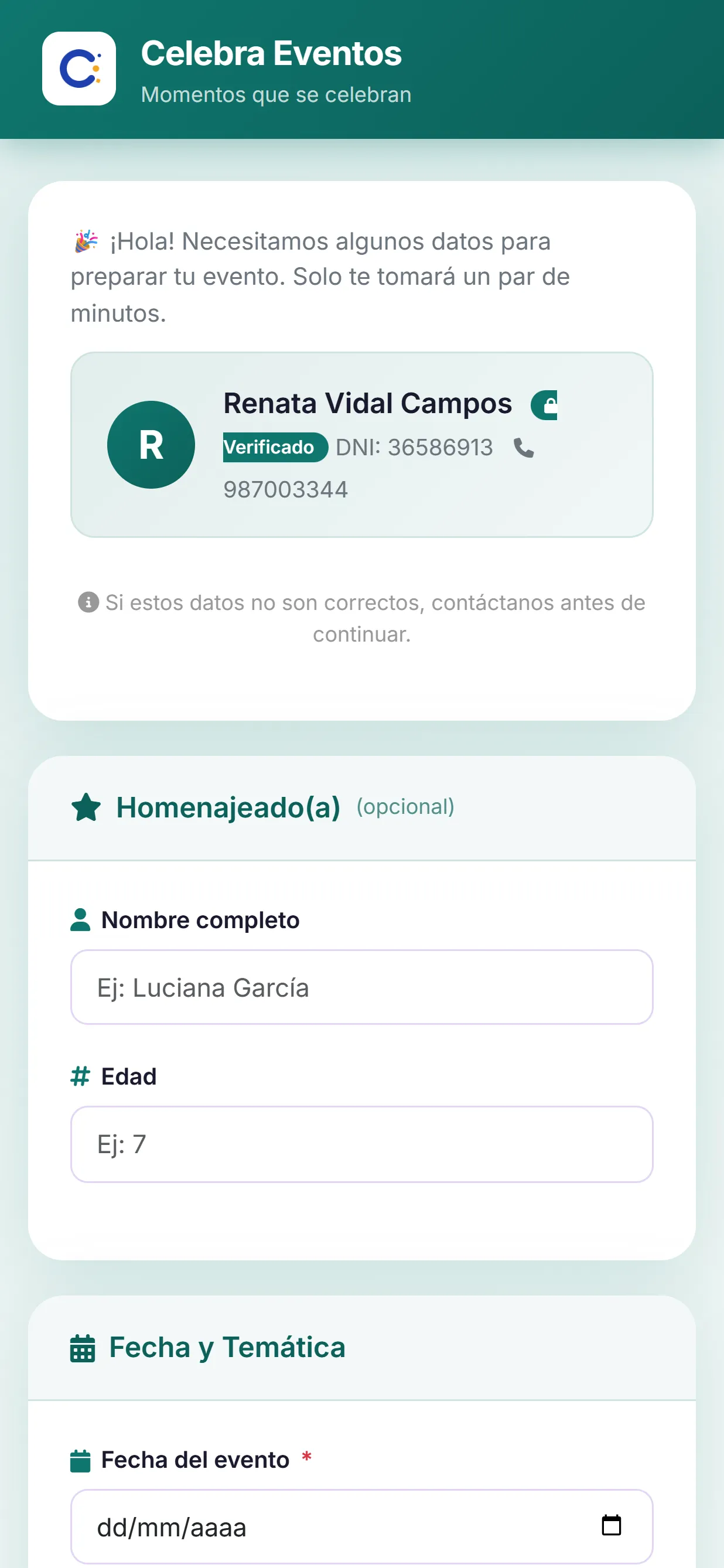 Formulario de reserva con la paleta Turquesa
