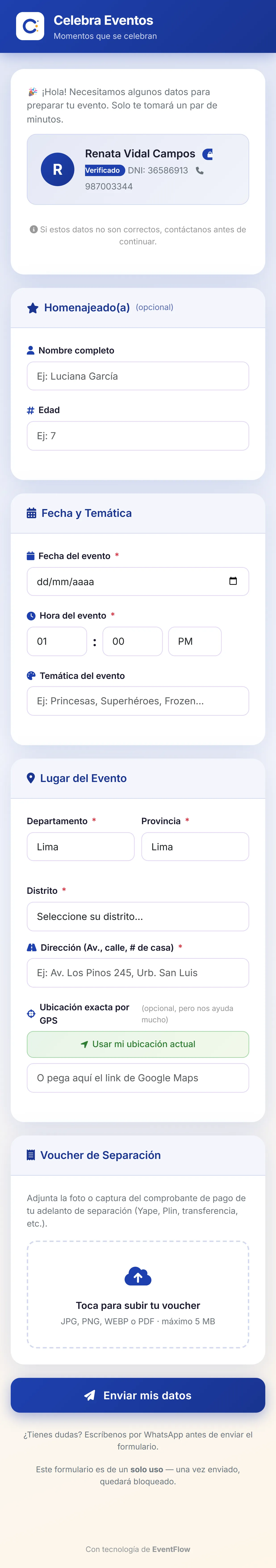 Formulario de reserva que llena la clienta desde su celular